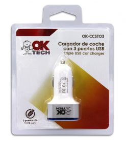 OkTech OK-CCST03 Cargador de Coche 3 Puertos USB 5V 3.1A Blanco/Plata